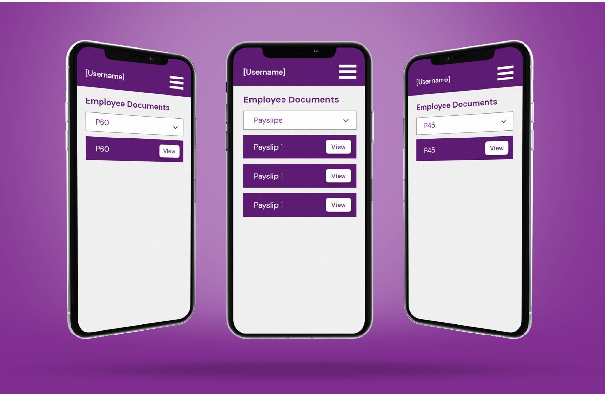 Payslip, P45 and P60 screens on three phones